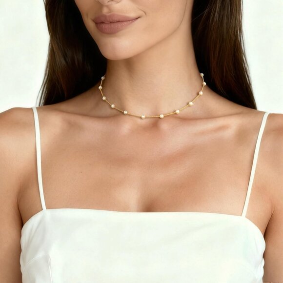 Women's Choker Gold Pearl Necklace 14k Gold Plated Dainty Pearl Necklace Choker - Picture 4 of 7